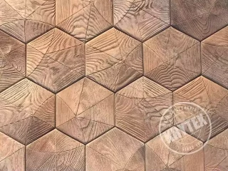 Špeciálne vyrobený dizajnový obklad v tvare pravidelného 6-uholníka v dizajne dreva.
