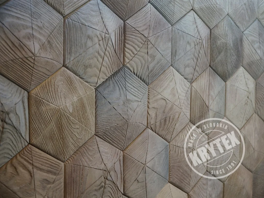 Špeciálne vyrobený dizajnový obklad v tvare pravidelného 6-uholníka v dizajne dreva.
